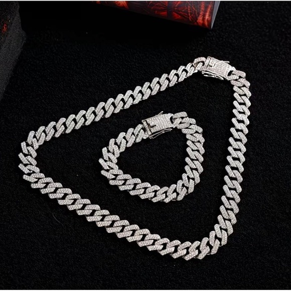 Silver Fashion Hip-Hop Necklace And Bracelet Set 24" chain - Picture 2 of 2